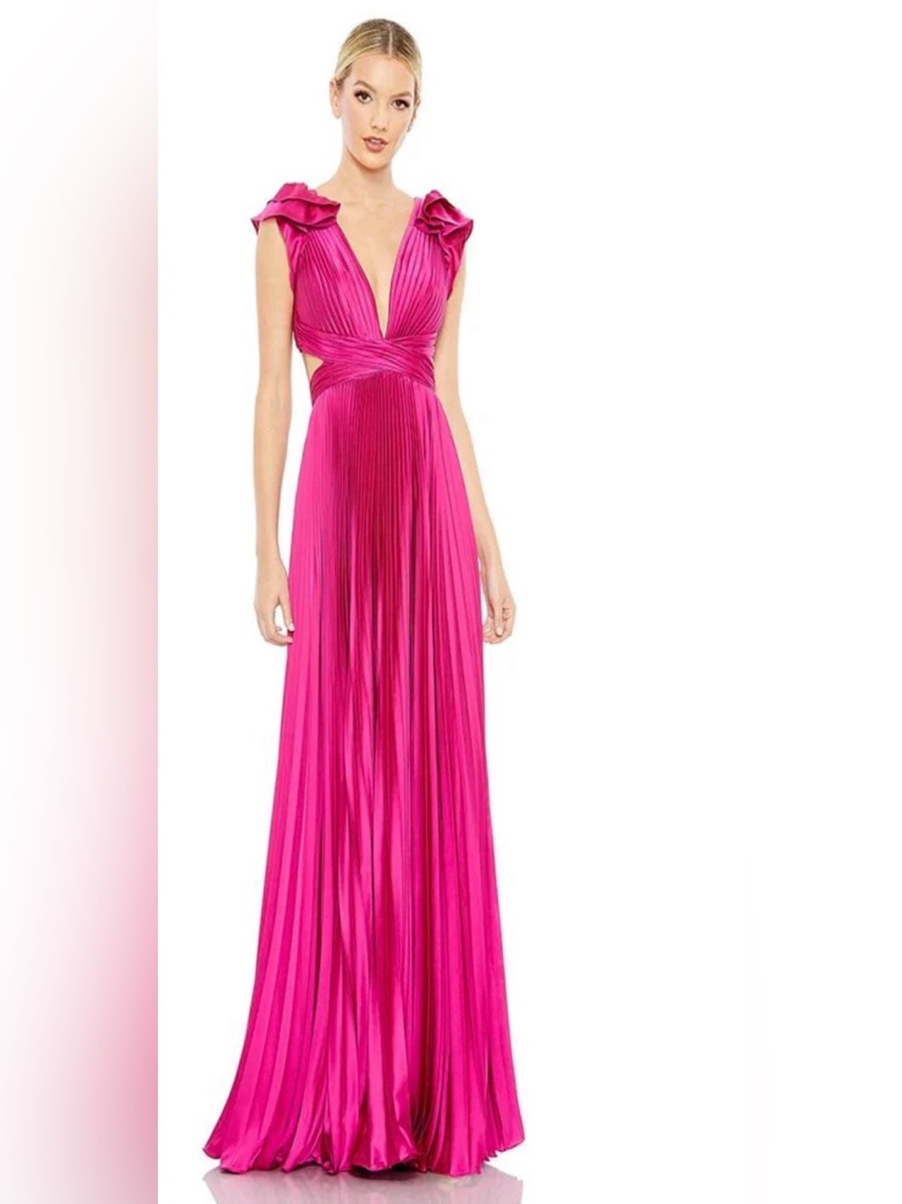 Mac Duggal Fuchsia Plunge V-Neck Pleated Maxi Gown